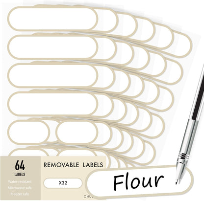 Waterproof Kitchen Labels for OXO POP Containers, 64-Pack, 2 Sizes | Removable Writable Food Storage Stickers, Tear-Resistant Pantry Organization Decals for Plastic and Glass Jars