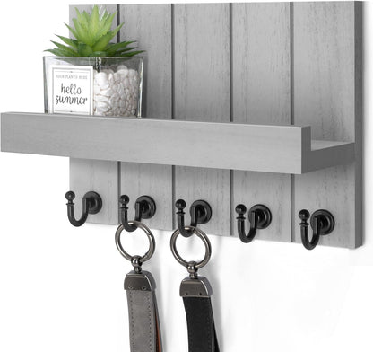 Rebee Vision Key Holder Wall Mount with 5 Key Hooks for Home Decor, Brown | 3.54'' x 10'' x 7.28'', Small Shelf for Display Plant, Key Hangers for Hat, Entryway Space-Saving Storage