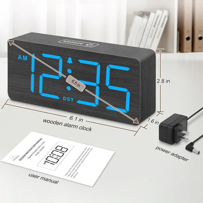 DreamSky Wooden Digital Alarm Clock for Bedroom with Large Numbers | Desk Clock for Living Room Office, Loud Alarm for Heavy Sleepers Adults, Volume Control, Dimmer, DST, Wood Decor (Plug-in)