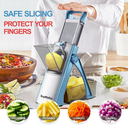 SupMaKin Safe Mandoline Slicer Plus for Kitchen Adjustable Vegetable Slicer | 0.1-8mm, Cut Resistant Stainless Steel Blades,Potato Fry Cutter, Onion Chopper, Detachable,Foldable Dishwasher Safe, Gifts
