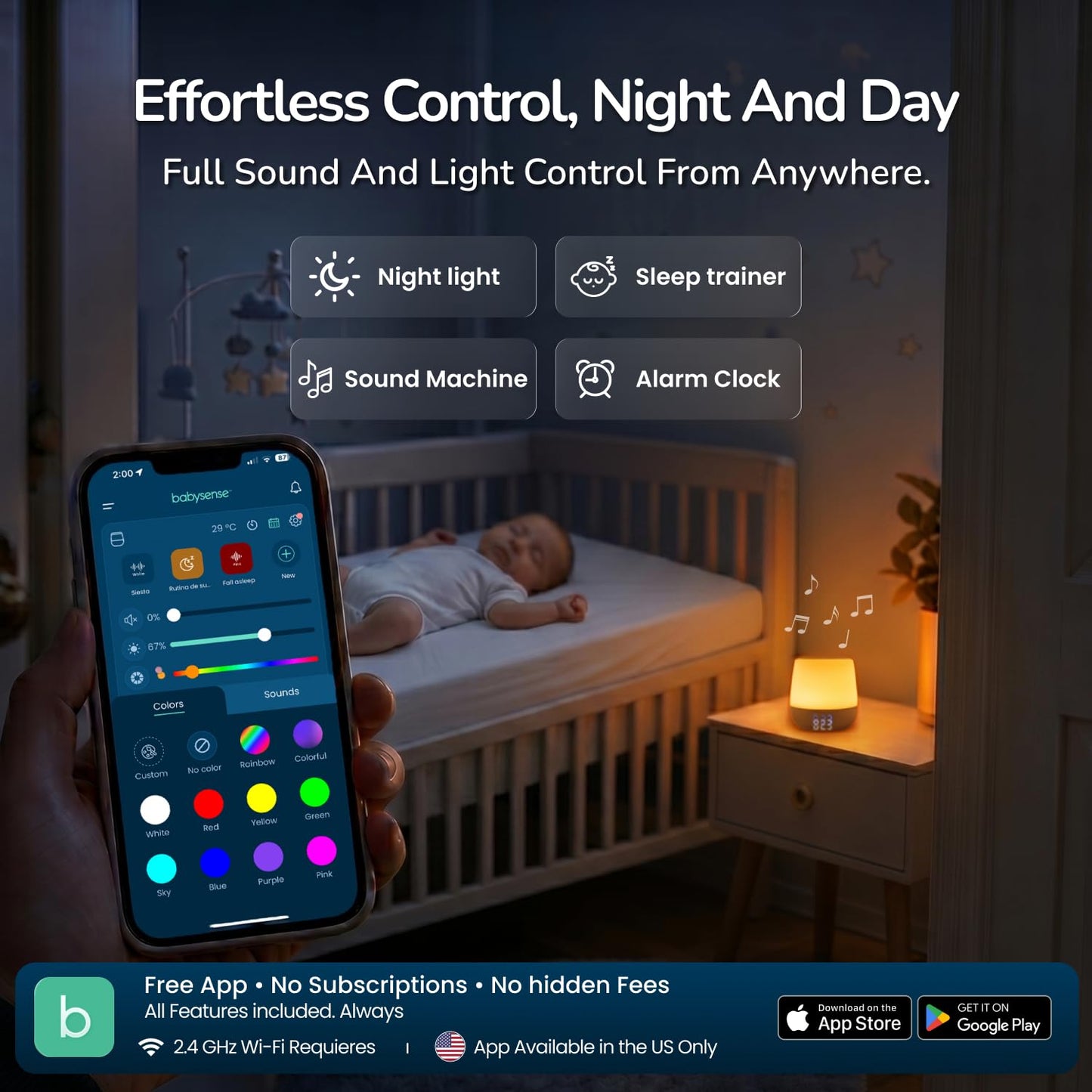 Babysense Baby Sound Machine with Night Light for Sleeping - Smart Portable Nursery White Noise Machine for Babies & Kids, Free App, No Subscription, 28 Sounds, Ok-to-Wake Alarm Clock, Sleep Timer