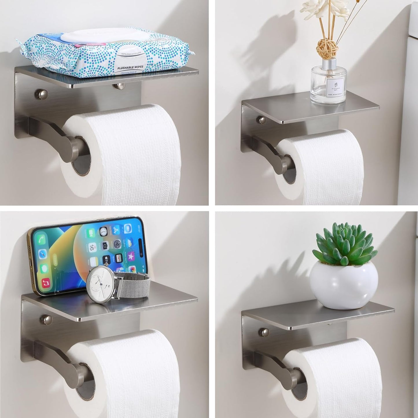 Toilet Paper Holder with Shelf, Adhesive or Screw Wall Mount Toilet Roll Holder for Bathroom, Rustproof Solid Aluminum Commercial Toilet Tissue Holder with Storage, Brushed Nickel