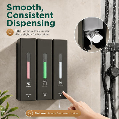 Shampoo and Conditioner Dispenser Wall Mounted, 3-Chamber Shower Soap Dispenser for Bathroom, 1200ML Large Capacity, No-Drill Installation, Clog-Free Pump for Thick Liquids (black-3-pack)