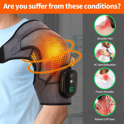 Cordless Heated Shoulder Brace Wrap, Heating Pad with Massage, 3 Heat & Vibration, 5000mAh Battery Powered, Shoulder Massager for Men Women