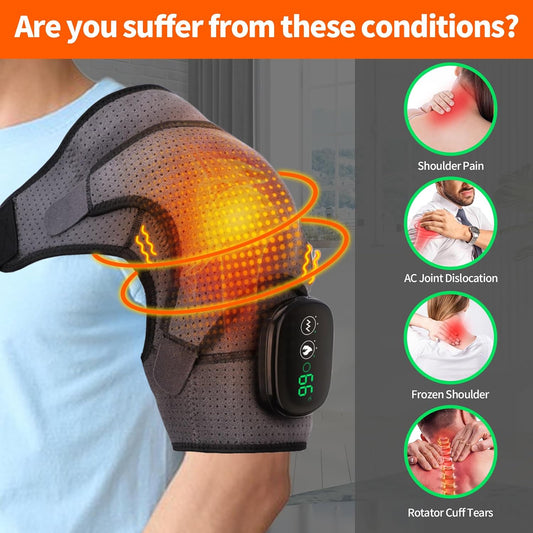 Cordless Heated Shoulder Brace Wrap, Heating Pad with Massage, 3 Heat & Vibration, 5000mAh Battery Powered, Shoulder Massager for Men Women