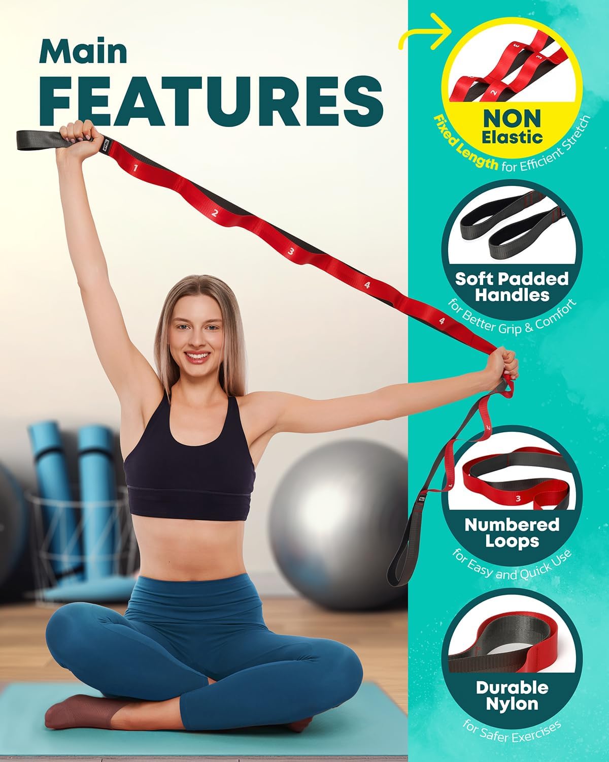 Stretching Strap with Loops - Non Elastic Yoga Strap for Physical Therapy | Video Exercises Included - Stretch bands for Stretching Equipment and Flexibility - Fascia, Hamstring & Leg Stretcher Belt