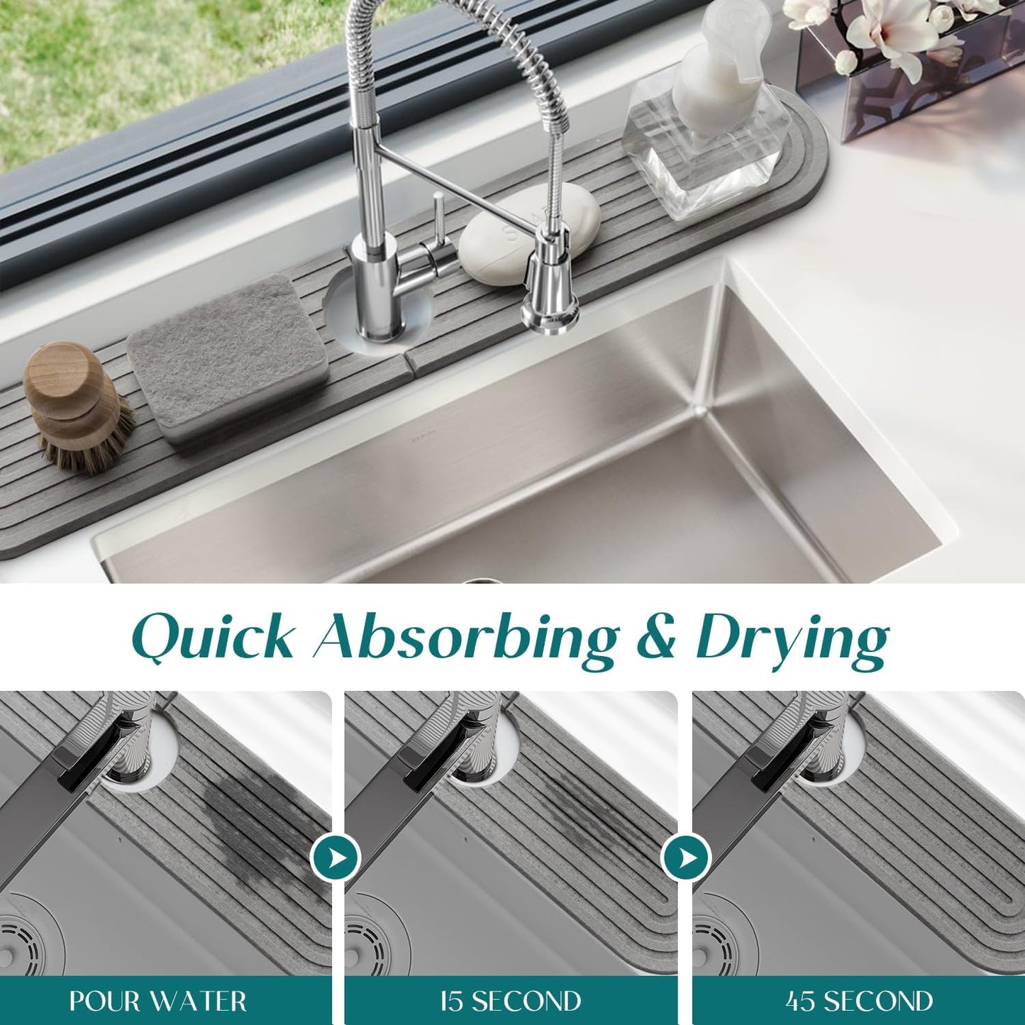 Diatomite Sink Splash Guard - DryingNeat Kitchen Faucet Mat, Instant Dry Water Absorbing Stone Tray for Sink, Durable Protector for Kitchen Bathroom Counter [Light Grey, 17.7" x 3.9"]