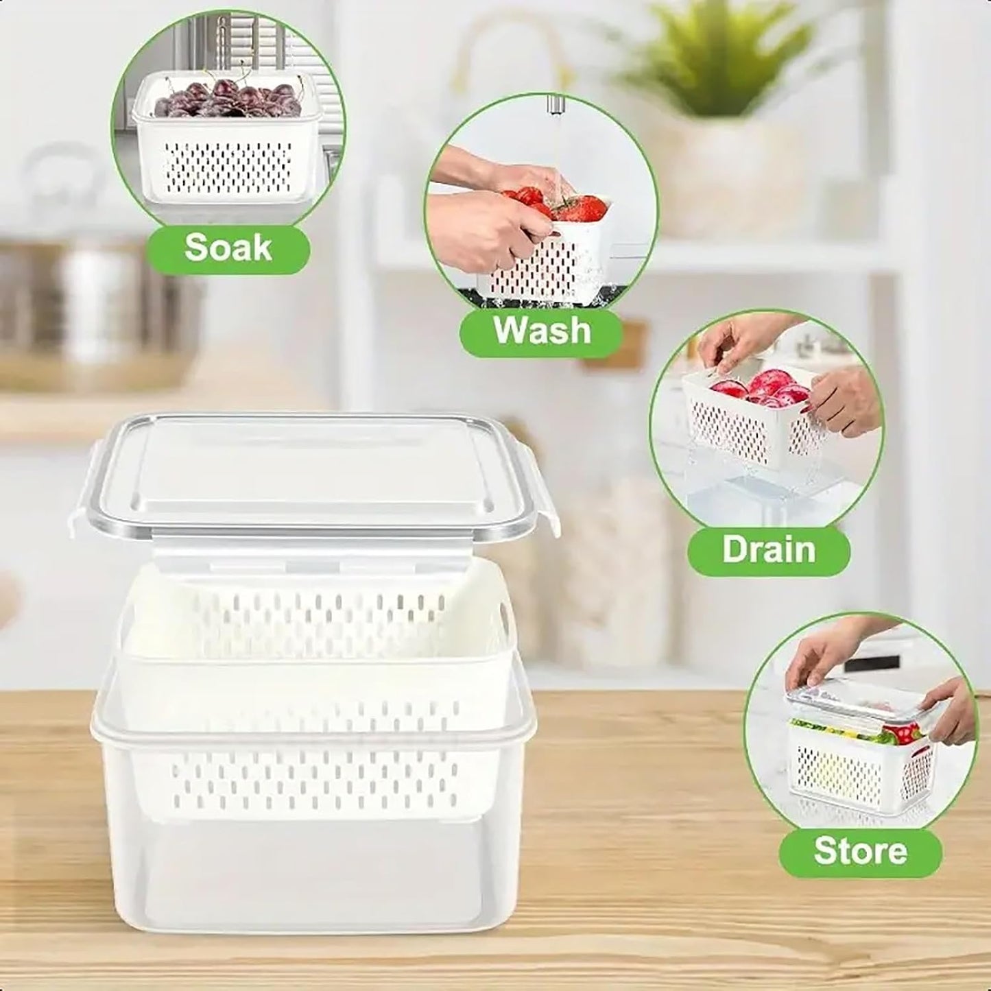 3pcs 4 in 1 Fruit Storage Containers for Fridge with Removable Colanders | Airtight, stackable, keeps food fresh. Dishwasher safe. Berry, vegetable, produce basket, strainer, refrigerator keeper