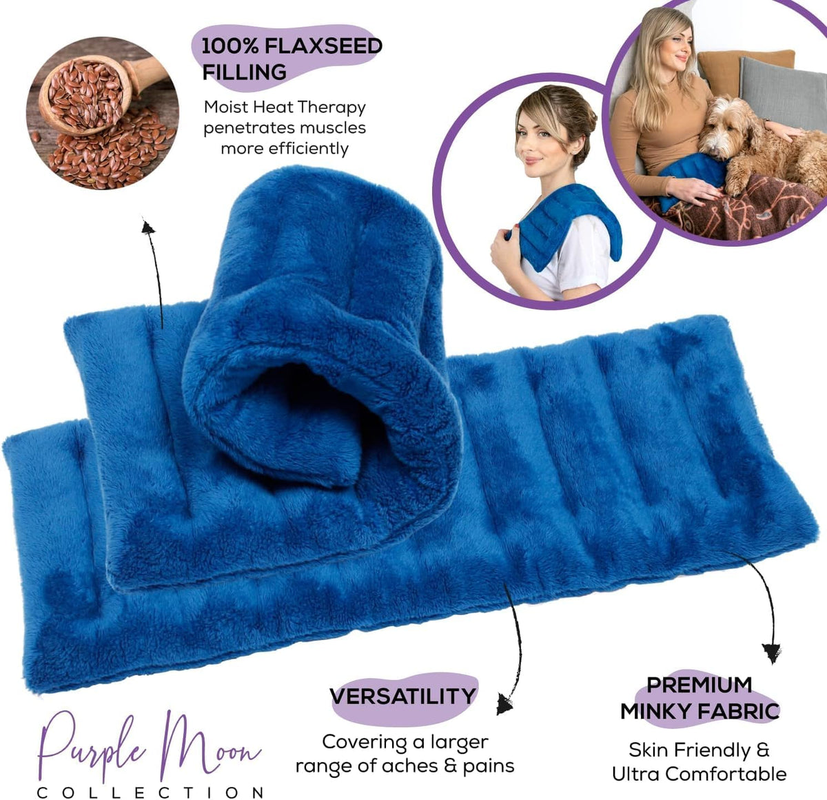 Purple Moon Collection - Microwavable Heating Pad for Neck & Shoulders - 6x16, Gray - Flaxseed Heat Pack - Weighted Hot & Cold Therapy Compress Wrap for Pain Relief, Menstrual Cramps, Sore Muscles