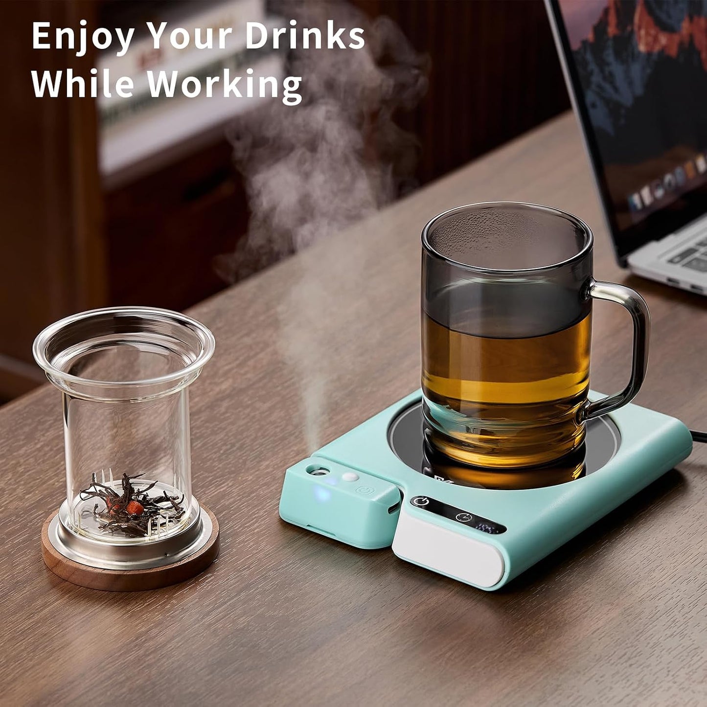 Mug Warmer with 4-Hour Auto Shut Off, 3 Temperature Settings, Frosted Black Rectangular Electric Beverage Heater, Borosilicate Glass Panel, 54-Inch Cord, Coffee Warmer for Desk, Tea Warmer