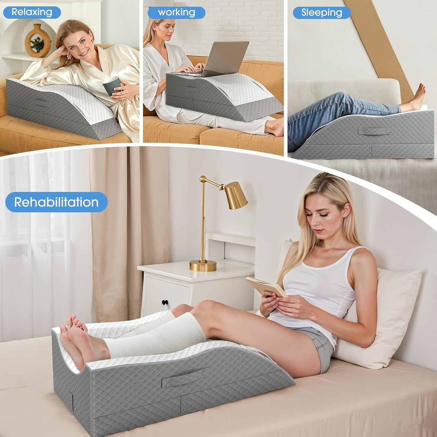 TranquilRelax Leg Elevation Pillows for After Surgery, Wedge Pillow, Grey | Memory Foam, All-around Knee & Ankle Support for Swelling, Height-adjustable, Nop-Slip Bottom, Washable Cover, Single-leg
