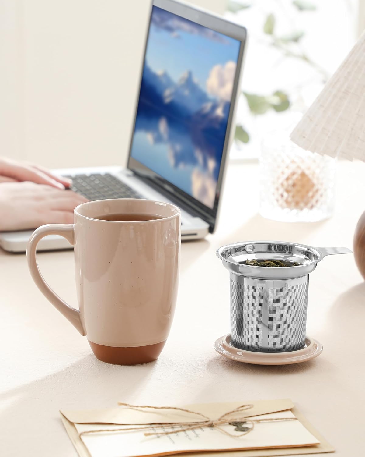 MALACASA Ceramic Tea Mug with Lid and Stainless Steel Infuser, 18 oz Large Tea Cup for Loose Leaf Tea, Heat-Resistant, Microwave & Dishwasher Safe, Speckled Glaze Coffee & Tea Brewer Mug, Khaki Brown