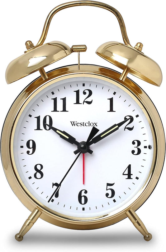 Westclox Big Ben Twin Bell Alarm Clock | Loud Alarm Clock for Heavy Sleepers | Battery Operated Clock with Backlight for Bedside Table, Bedroom, Kids Room, Desk (Gold, 4")