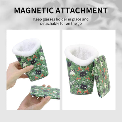 Plush Lined Eyeglasses Holder, Cute Magnetic PU Leather Glasses Stand Case for Women Men Kids