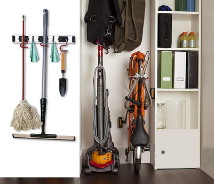 Wall Mounted Mop and Broom Holder Stainless Steel S Type Broom Rack Anti-Slip Mop Organizer (17 Inches,4 Positions 3 Hooks, Red black) (17inch)