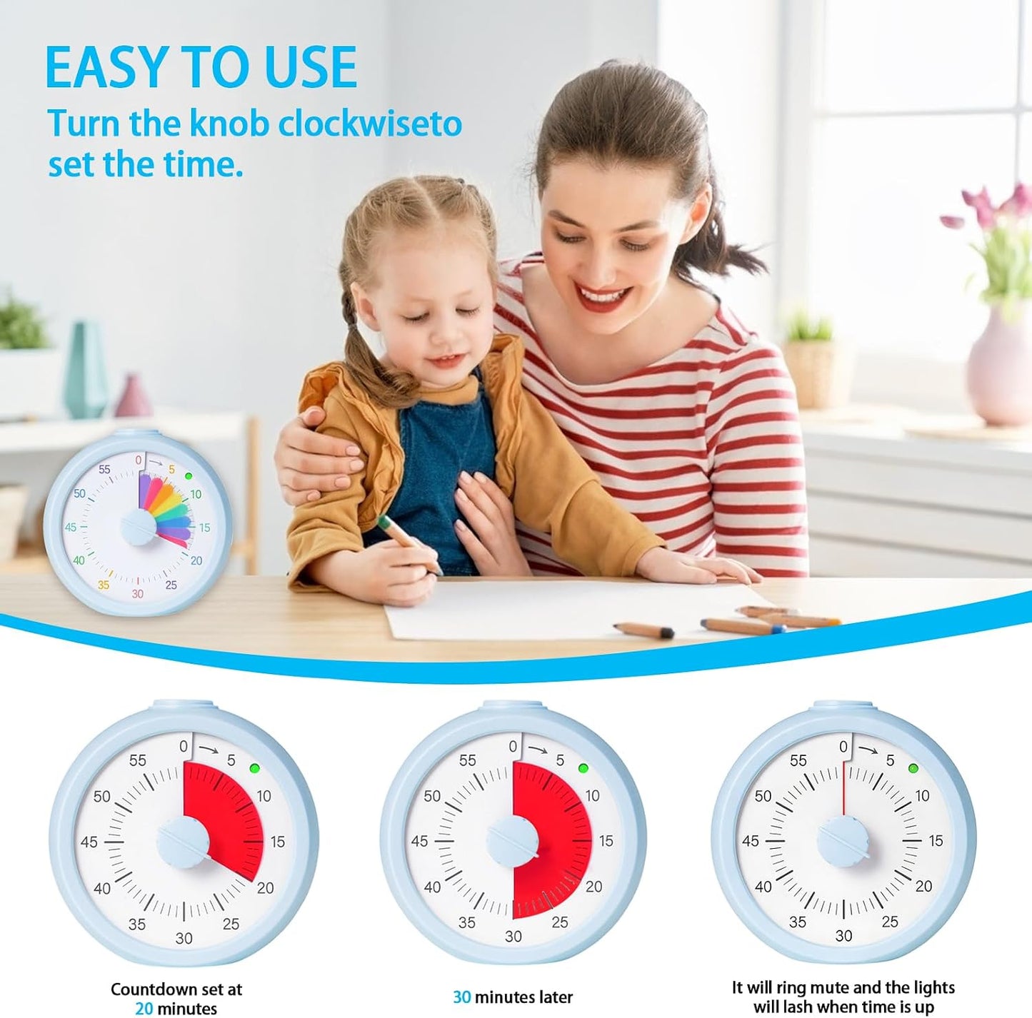 Visual Timer for Kids 60 Minute Countdown Timer Rainbow Disk Desk Timer Clock for Classroom Study Office Kitchen with Silent Operation (Purple)