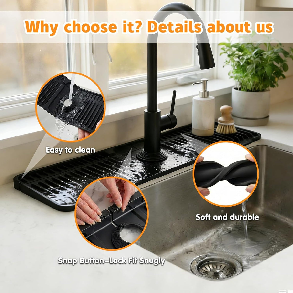 Silicone Faucet Mat for Kitchen Sink, 24" Splash Guard 7° Slope Fast Drain