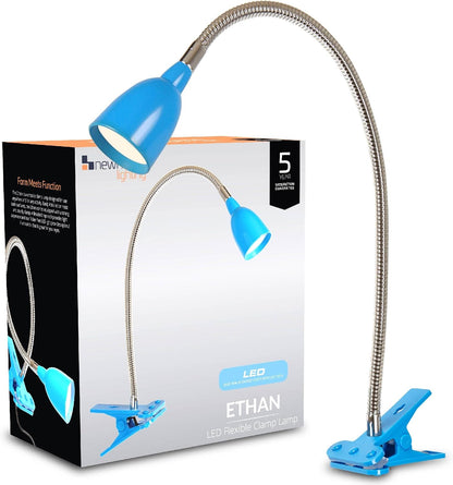 Newhouse Lighting NHCLP-LED-BLU Blue Metal Flexible Clamp-Style LED Goose Neck Desk Lamp in 3000K Warm White Color Temperature with Power Adapter and 6 ft. Power Cord
