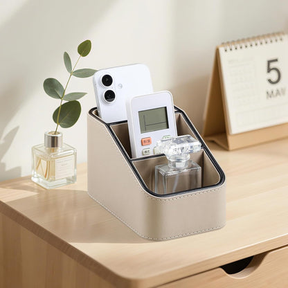 Remote Control Holder, Small Desk Organizer TV Remote Caddy, Black | PU Leather 3 Compartments Remote Holder, Remote Organizer Nightstand Organizer for Couch Bedside Living Room Office