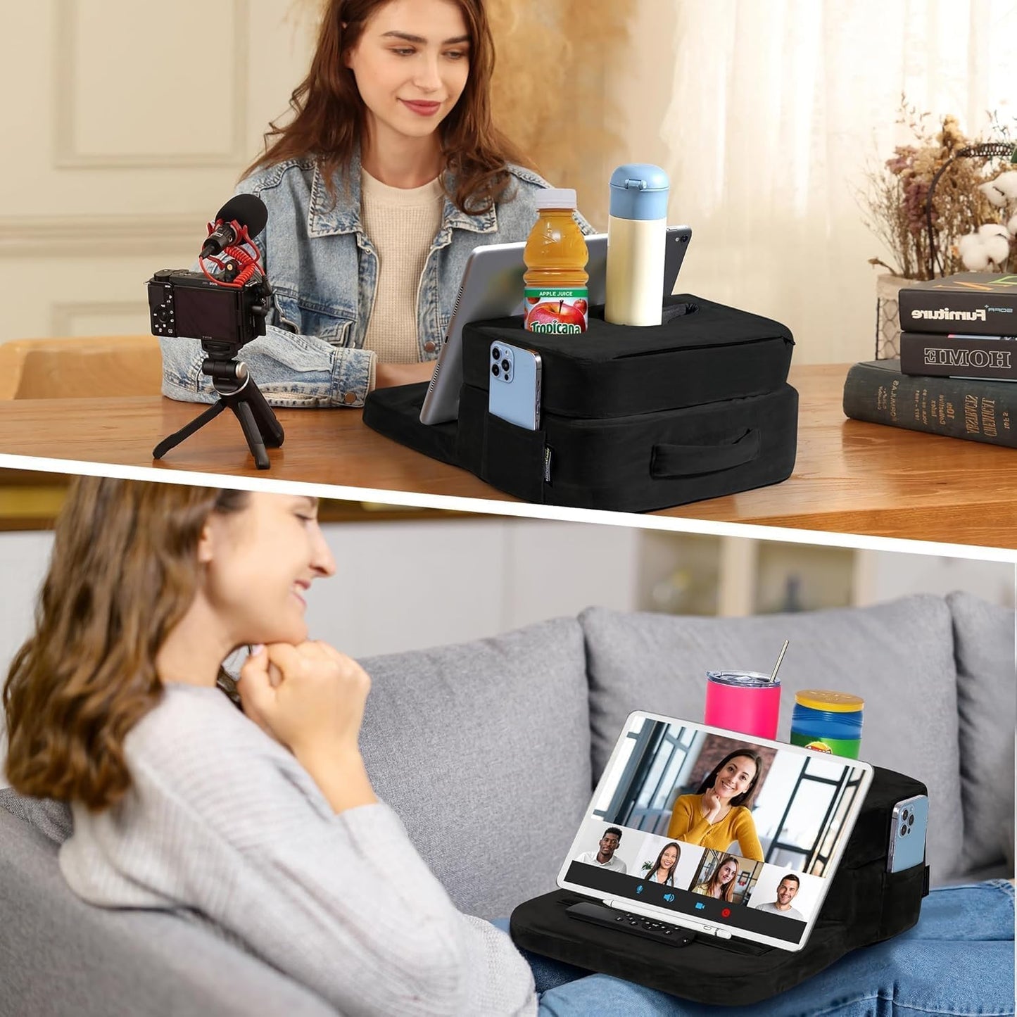Couch Cup Holder Tray Pillow - Bed, Couch Caddy, Sofa, RV & Car - Holds Drinks, Snacks, Remotes, Phones, Kindle, Tablet | Bed Cup Holder (Grey)