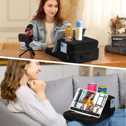 Couch Cup Holder Tray Pillow - Bed, Couch Caddy, Sofa, RV & Car - Holds Drinks, Snacks, Remotes, Phones, Kindle, Tablet | Bed Cup Holder (Grey)