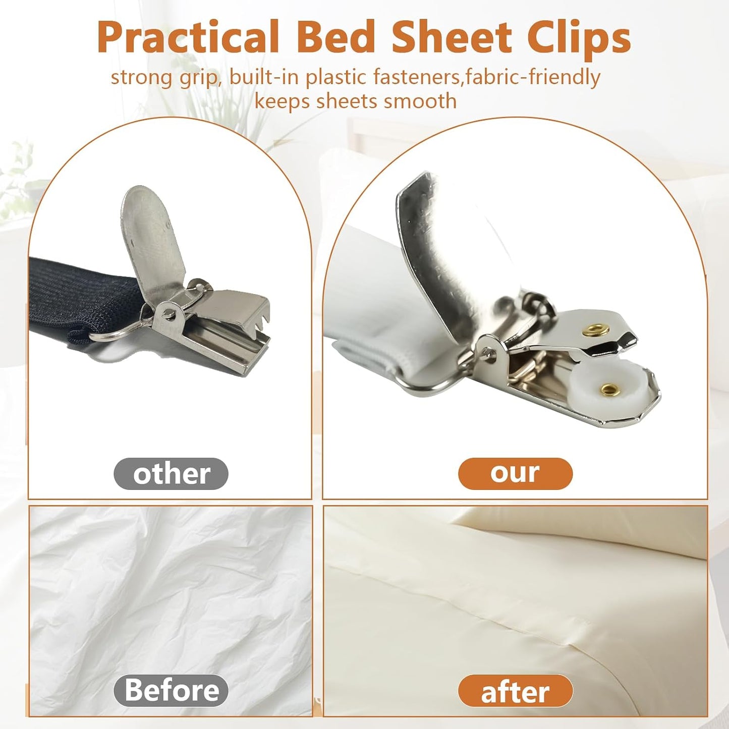 4PCS Bed Sheet Straps with Metal Clips, Adjustable Elastic Fitted Sheet Holders for Corners, Keep Bedding Wrinkle-Free, Easy to Install Durable Fasteners, Mattresses (White)