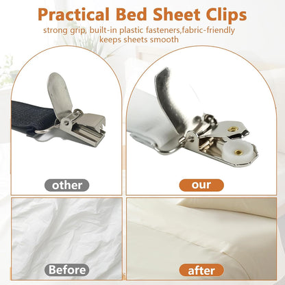 4PCS Bed Sheet Straps with Metal Clips, Adjustable Elastic Fitted Sheet Holders for Corners, Keep Bedding Wrinkle-Free, Easy to Install Durable Fasteners, Mattresses (White)