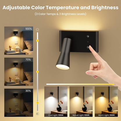 Koopala Battery Operated Wall Sconce, 10000mAh Dual Head Reading Light | LED Wall Lights with 3 Color Temperatures Dimmable, Remote &Touch, Wireless Sconces for Bedroom Living Room Hallway