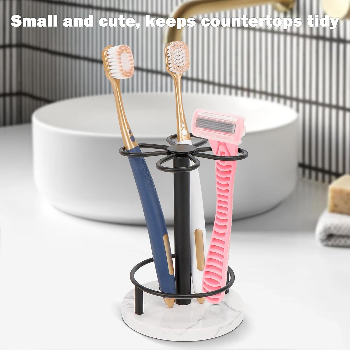 Toothbrush Holder Stand for Bathroom, Metal Toothbrush Organizer with Marble Base, Toothbrush Storage Collection for Family, Suitable for Home Hotel Countertop Vanity (Small, Matte Black)