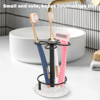 Toothbrush Holder Stand for Bathroom, Metal Toothbrush Organizer with Marble Base, Toothbrush Storage Collection for Family, Suitable for Home Hotel Countertop Vanity (Small, Matte Black)