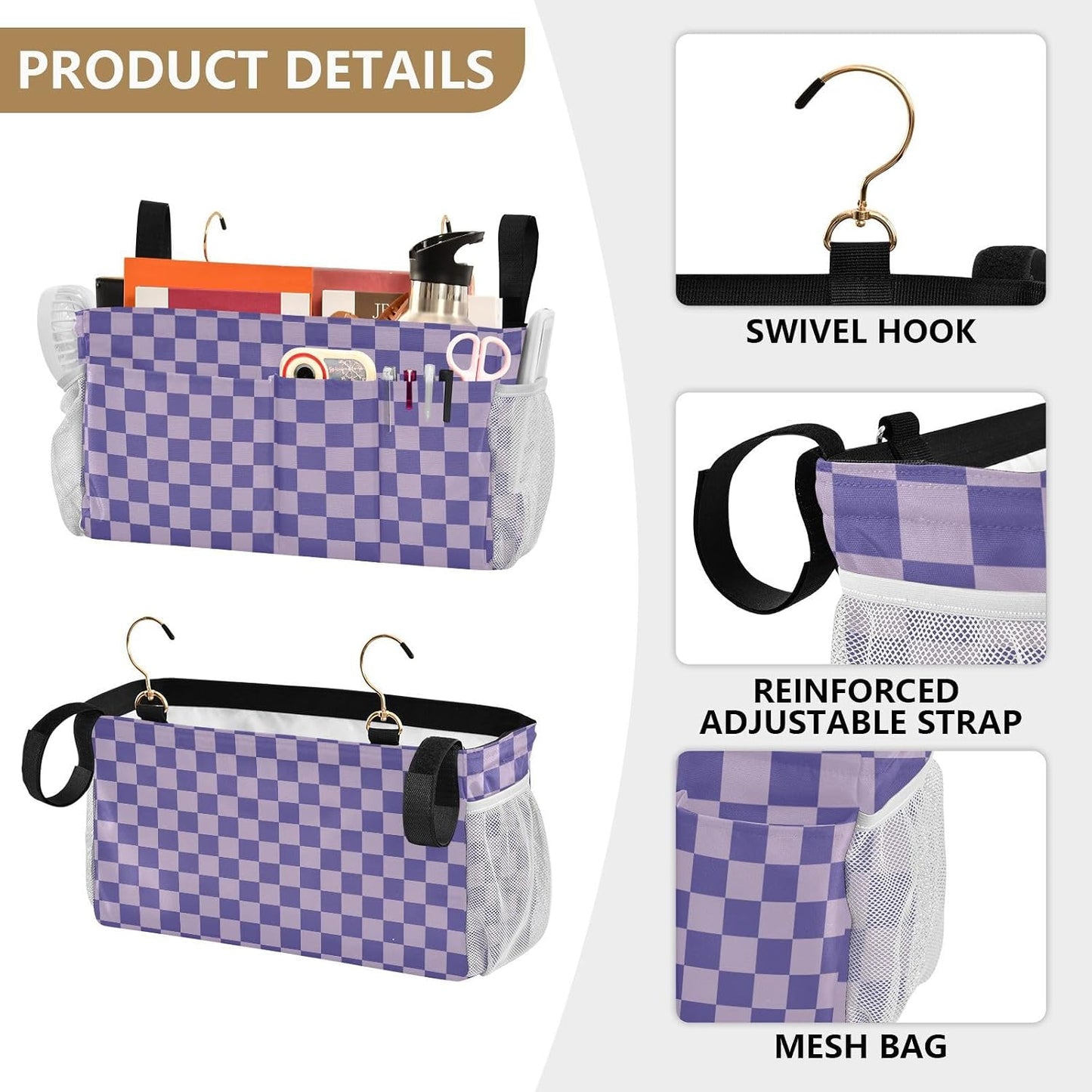 Black Bedside Caddy Storage Bag Bedside Organizer for Bed Rails College Dorm Room Organizer Caddy Hanging Shelf 6 Pockets with Hooks for Drinks Magazine Phone Holder