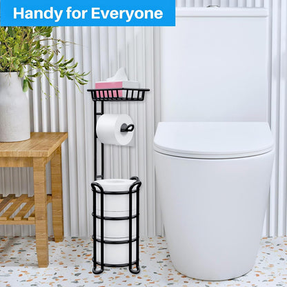 Toilet Paper Holder Stand with Shelf, Free Standing Tissue Roll Storage Rack with Dispenser for Bathroom, Black