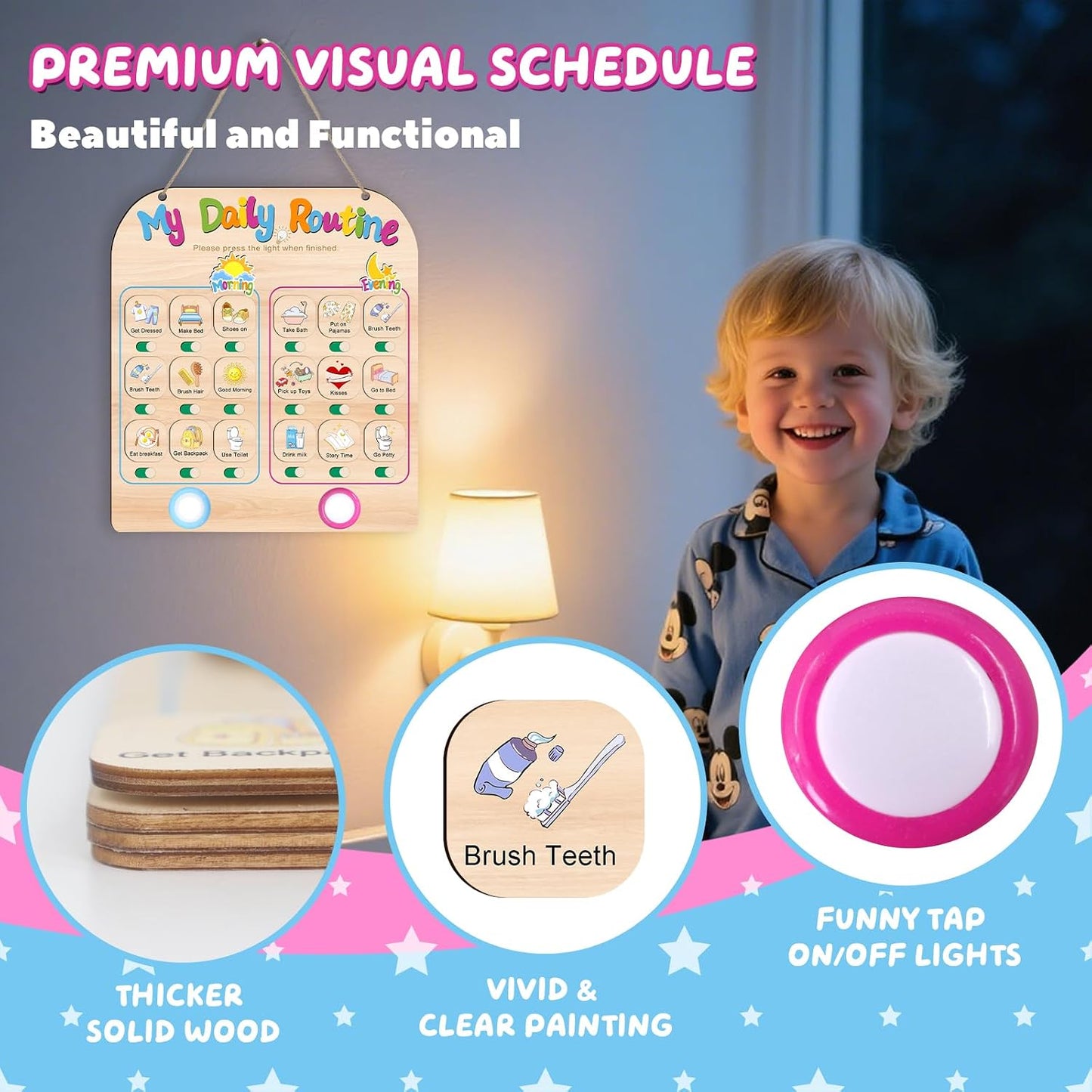 Morning Routine Chart for Toddlers, Visual Schedule Chart Planner | to Do List with 6 Tap Lights & 10 Activity Cards, Wooden Checklist Schedule Board for Kids, Autism, Preschoolers, ADHD Tools