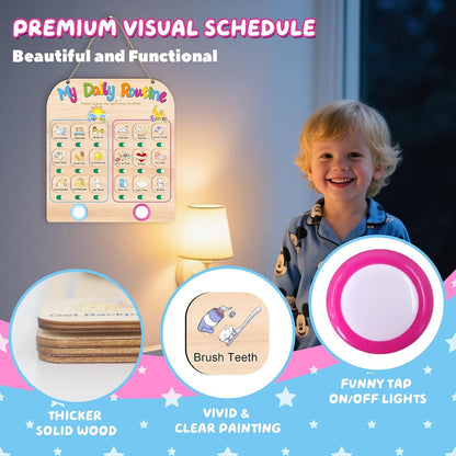 Morning Routine Chart for Toddlers, Visual Schedule Chart Planner | to Do List with 6 Tap Lights & 10 Activity Cards, Wooden Checklist Schedule Board for Kids, Autism, Preschoolers, ADHD Tools