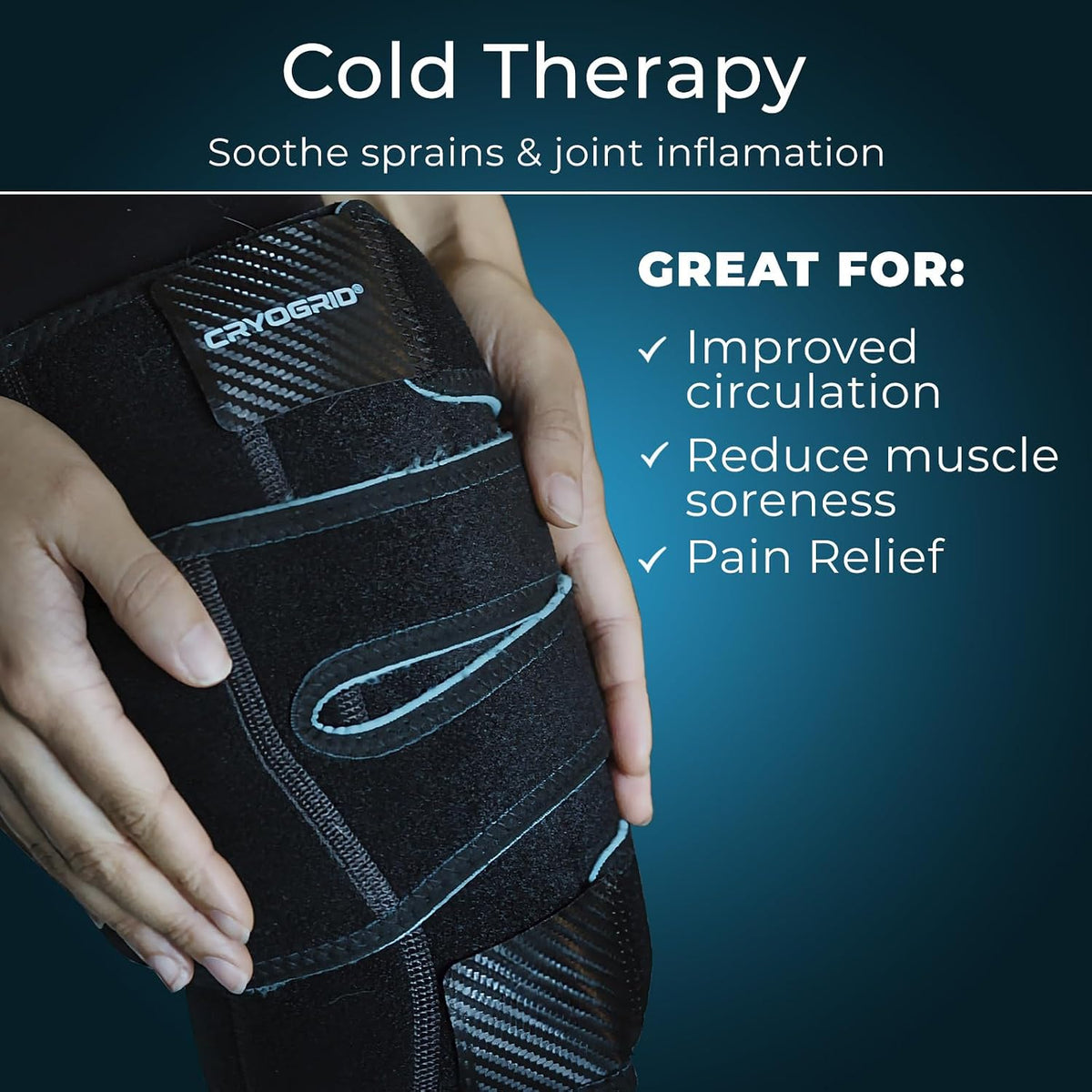 Cryogrid Knee Ice Pack Wrap - Reusable Cold Therapy Knee Ice Brace for Pain Relief, Swelling, Surgery Recovery, Arthritis, Patella & Meniscus Tear - Adjustable Compression Clay/Gel Wrap for Injuries