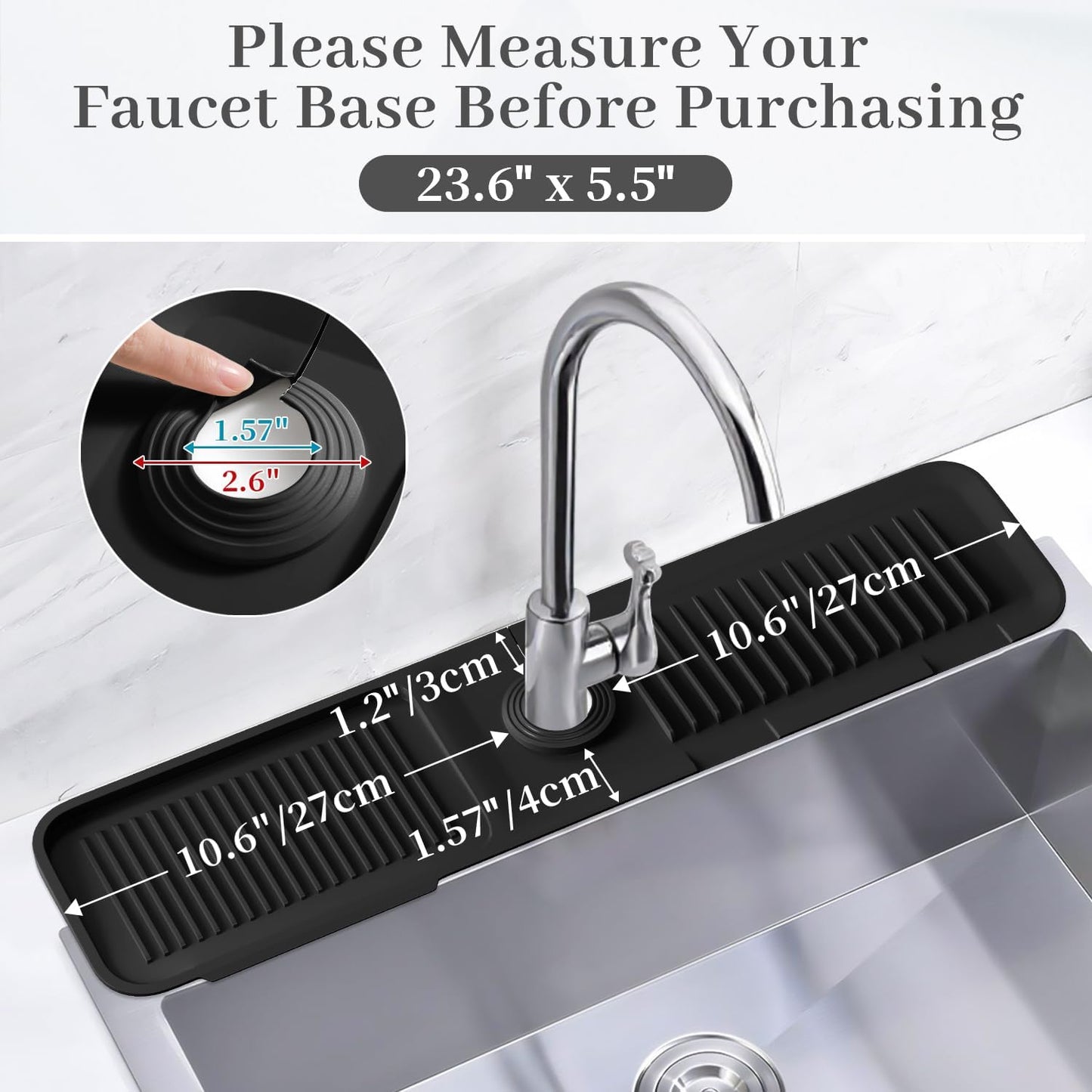 PoYang 23.6 Inch Silicone Sink Splash Guard, Kitchen Sink Mat, Light Grey | Faucet Mat with Wide Drainage & Cuttable Hole, Keeps Faucet Base Dry, Long & Short Sink Protectors for Kitchen, Bathroom & RV