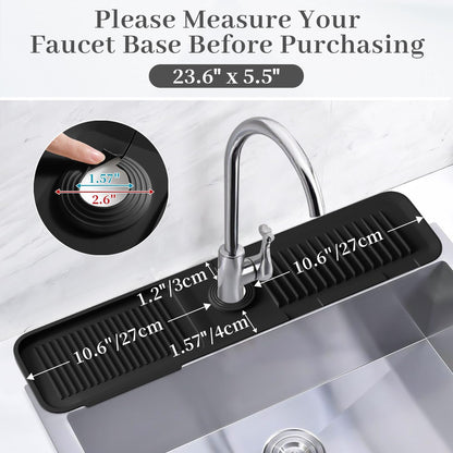 PoYang 23.6 Inch Silicone Sink Splash Guard, Kitchen Sink Mat, Light Grey | Faucet Mat with Wide Drainage & Cuttable Hole, Keeps Faucet Base Dry, Long & Short Sink Protectors for Kitchen, Bathroom & RV