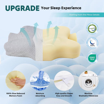 NEWBULIG Cervical Neck Pillow, Ergonomic Contour Memory Foam and Detachable Roll Pillow for Neck Pain Relief Side Back Stomach Sleepers with Cooling Breathable Cover