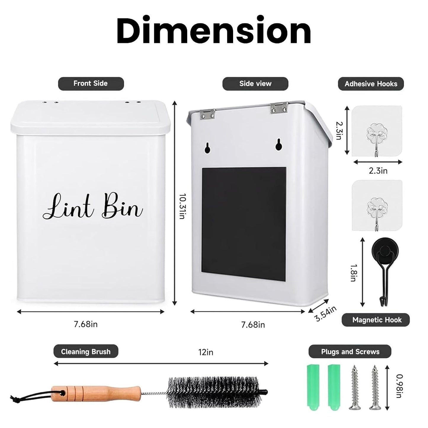 TIRIA Magnetic Lint Bin Wall Mount Metal Dryer Lint Collector Trash Cans 5L | For Laundry Room With Lid, Strong Nylon Brush, Iron Black Magnetic Hook, Adhesive Hooks, Compact Space Saving Metal Design 5L
