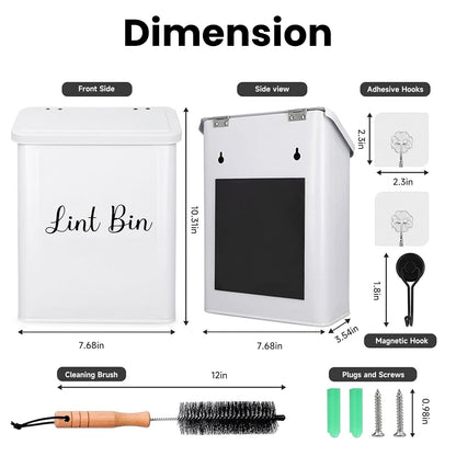TIRIA Magnetic Lint Bin Wall Mount Metal Dryer Lint Collector Trash Cans 5L | For Laundry Room With Lid, Strong Nylon Brush, Iron Black Magnetic Hook, Adhesive Hooks, Compact Space Saving Metal Design 5L