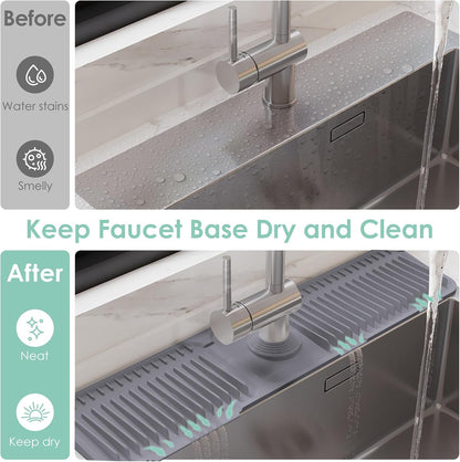 24-Inch Silicone Faucet Mat for Kitchen Sink Splash Guard, 7° Slope | 24"x5.5" water draining mat with fasten button; 1.6-2.75" customizable hole for bathroom, RV & kitchen sink drip catcher.