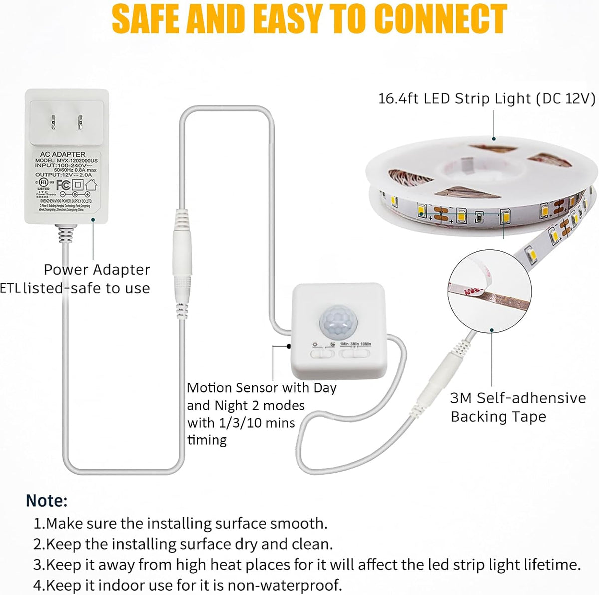 Motion Activated LED Strip Lights,RGH LIGHTING 16.4ft LED Light Strip with Day or Night 2 Lighting Modes,3 Timing Off Modes,Cozy Warm White 12v Plug-in LED Rope Lights for Under Cabinet,Kitchen,Stair
