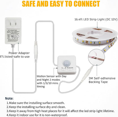 Motion Activated LED Strip Lights,RGH LIGHTING 16.4ft LED Light Strip with Day or Night 2 Lighting Modes,3 Timing Off Modes,Cozy Warm White 12v Plug-in LED Rope Lights for Under Cabinet,Kitchen,Stair