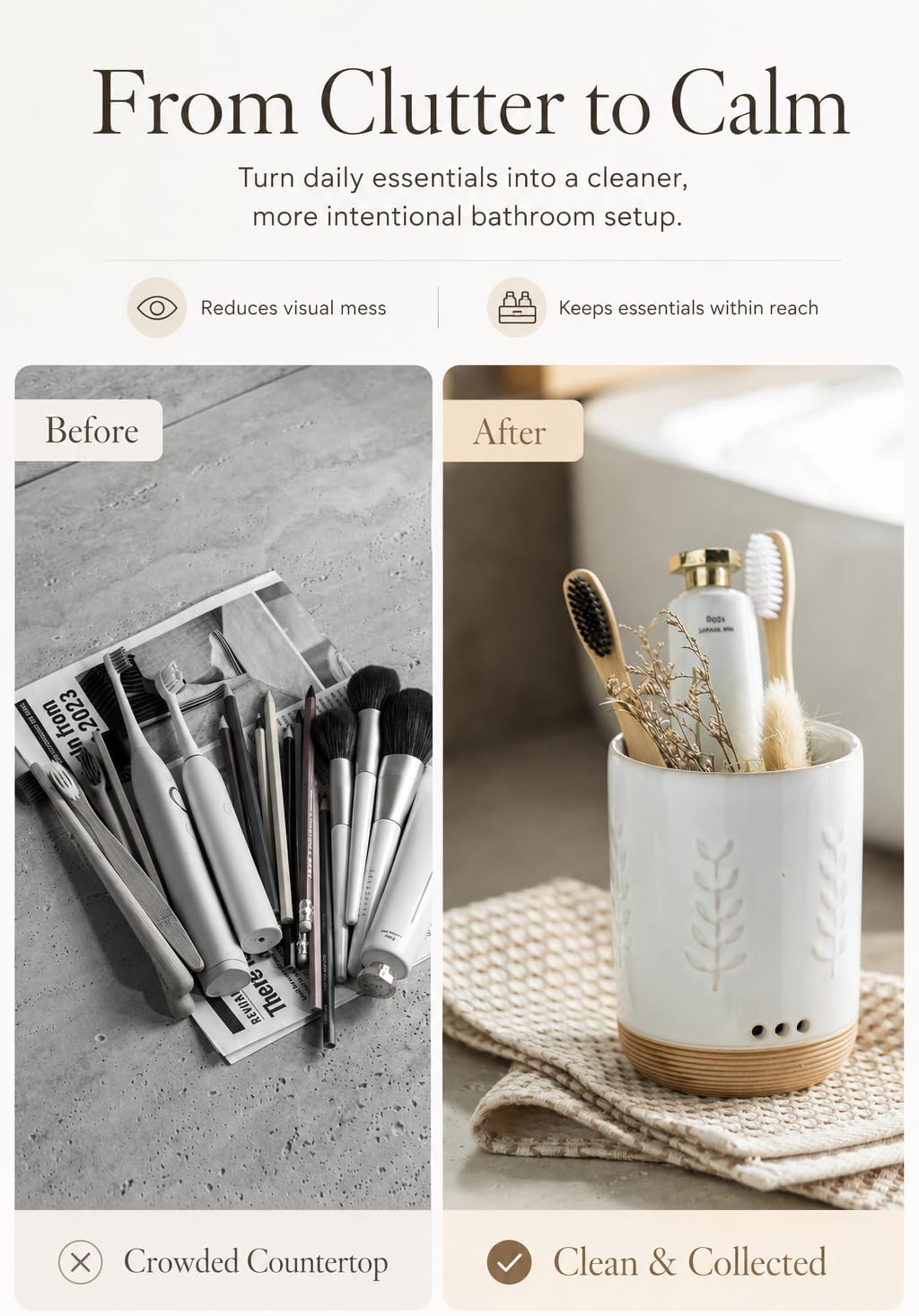 LYEOBOH Ceramic Toothbrush Cup, Cute Toothbrush Holder with Drainage White | Farmhouse Toothbrush Container, Countertop Toothbrush Organizer, Toothbrush Storage for Bathroom Vanity & Countertop