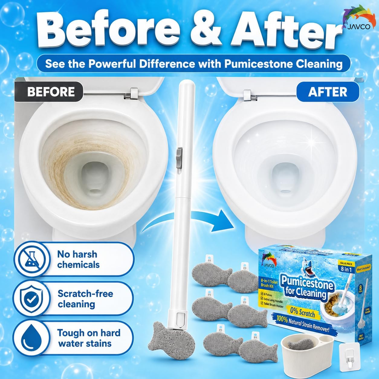 Pumice Stone for Toilet Bowl Cleaning, 8-in-1 Toilet Cleaning Kit with 6 Replaceable Fish Heads, 17" Extra Long Handle, Wall Mount Holder, Removes Hard Water Stains, Mineral Deposits & Rust Rings