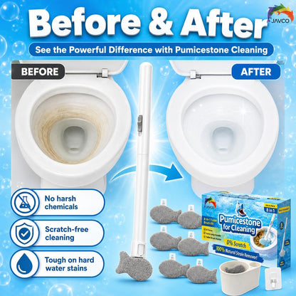 Pumice Stone for Toilet Bowl Cleaning, 8-in-1 Toilet Cleaning Kit with 6 Replaceable Fish Heads, 17" Extra Long Handle, Wall Mount Holder, Removes Hard Water Stains, Mineral Deposits & Rust Rings