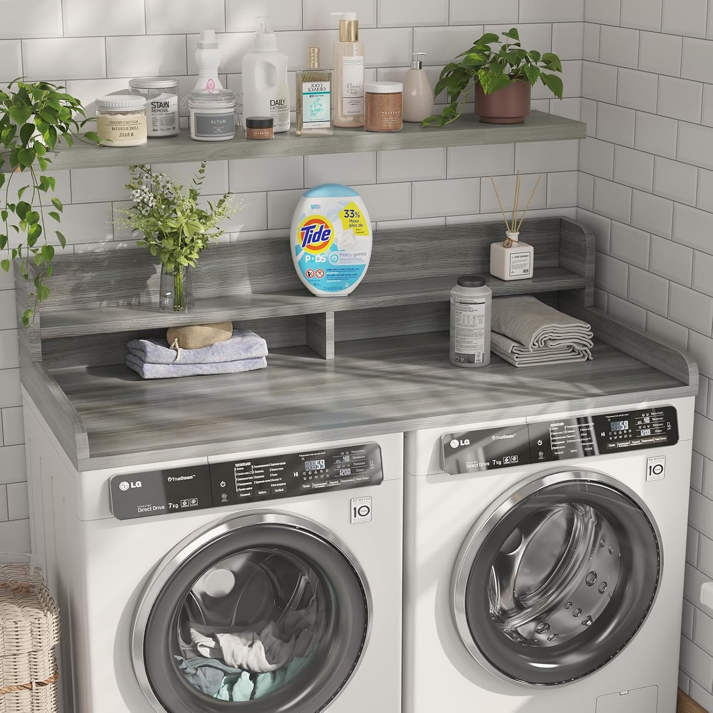 2-Tier Washer Dryer Countertop with 2.75" H Edge Rails, 54" W x 27.55" D Laundry Countertop for Folding Clothes, Washer and Dryer Topper with Non-Slip Pad (Dark Walnut)