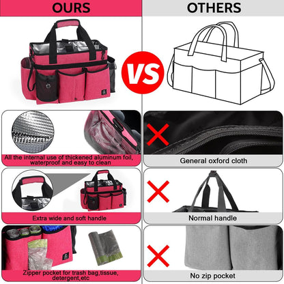 Large Cleaning Caddy Bag Built-in hard plastic sheet Aluminum foil lining | Waterproof nylon, aluminum foil lining, detachable dividers, dual straps for housekeepers