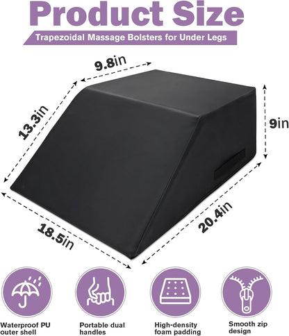 Massage Table Bolster Pillow for Leg Support,Durable 30D Foam with Easy-Clean PUCover,Trapezoidal Elevating Leg Wedge for Physical Therapy 20.4 x 18.5 x 9 Inch(Black)