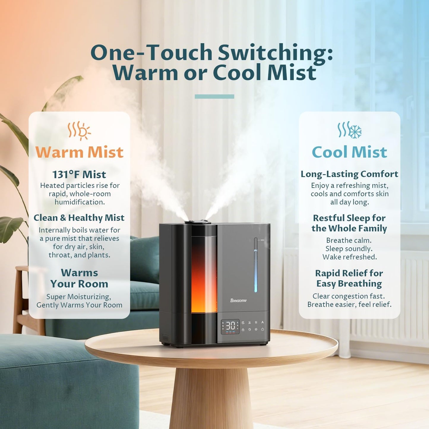 BREEZOME 8L Warm & Cool Mist Humidifier for Large Room 25dB 60H Runtime | Top Fill, 7-Color Mood Light, Smart Auto Humidistat, Essential Oil Tray, Safe Child Lock, 1-24H Timer for Bedroom Baby Plants